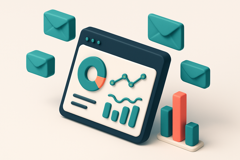 Hero: a 3D isometric illustration of an analytics dashboard displaying email metrics like open rates and click-through r