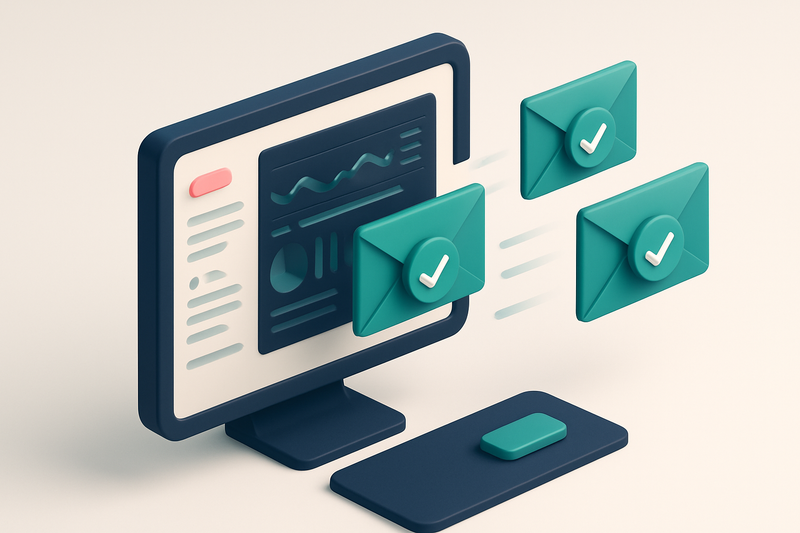 Hero: an isometric illustration of a digital dashboard with envelopes, each marked with a validation checkmark, being se