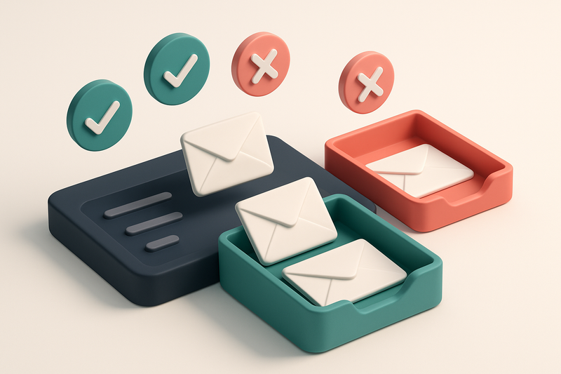 Hero: An isometric email inbox with envelopes being sorted onto a green 'valid' tray and a red 'invalid' tray, surrounde