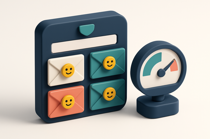 Hero: an isometric email inbox with colorful envelopes featuring smiling emoji stickers, alongside a visible gauge showi