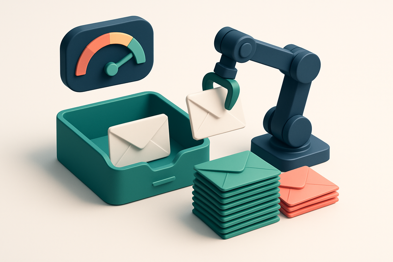 Hero: an email inbox with envelopes being sorted onto a green 'deliverable' stack and a red 'undeliverable' stack by a r
