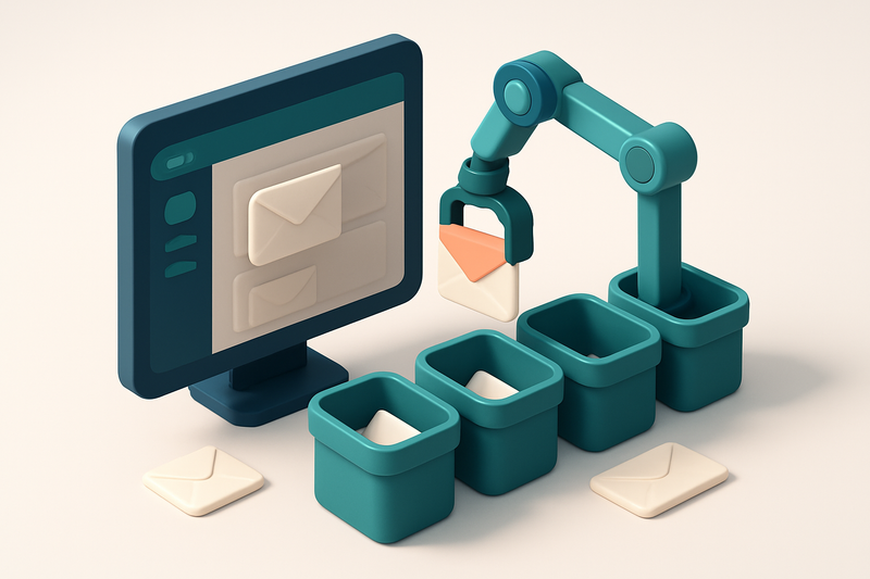 Hero: An isometric illustration showing a computer dashboard with email inboxes being sorted by a robotic arm into 'vali