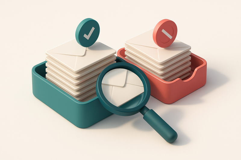 Hero: An isometric email inbox with envelopes sorted into a green 'valid' tray and a red 'invalid' tray, with a magnifyi