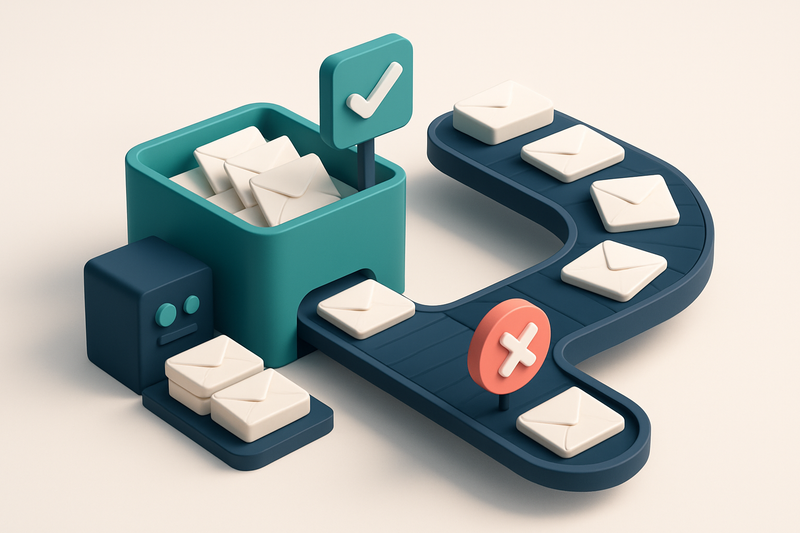 Hero: an isometric email sorting facility with various envelopes being sorted onto a 'successful send' track and a 'boun