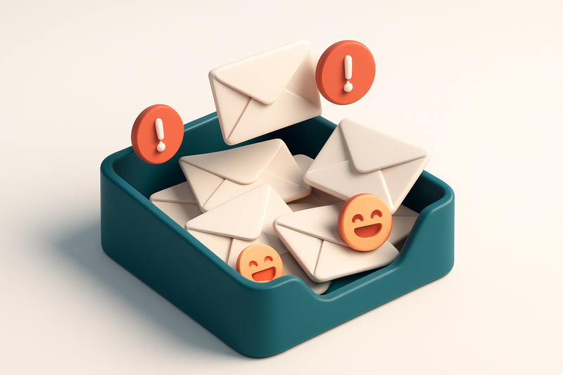 Hero: an isometric email inbox with envelopes jumbled, some with exclamation marks, some with laughter icons