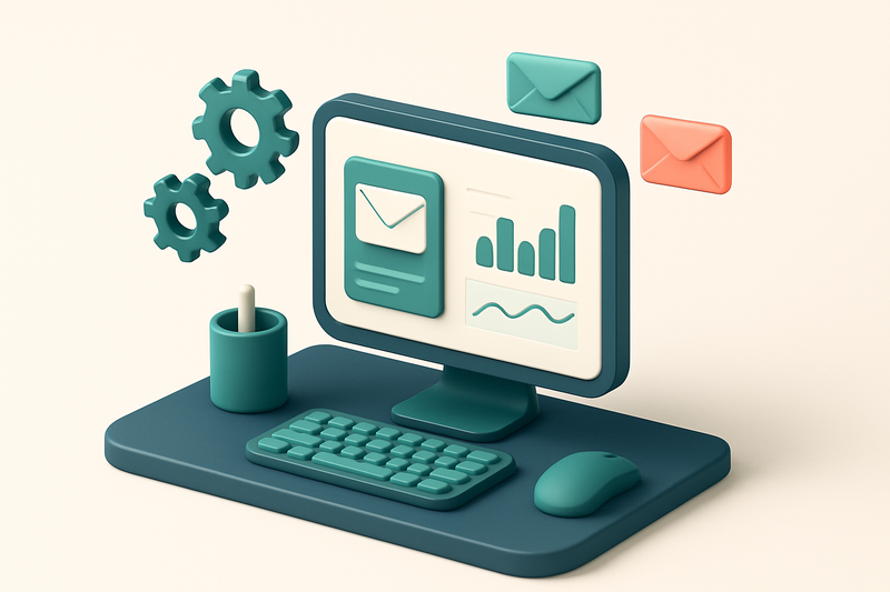 Hero: an isometric 3D scene of a desk with a computer displaying email analytics, surrounded by floating tools such as a