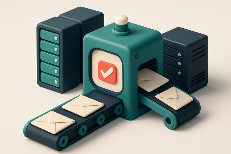 Hero: an isometric server room with envelopes on a conveyor belt passing through an email validation machine