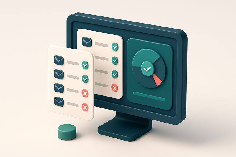 Hero: An isometric illustration of a computer screen displaying an email list being processed through a verification das