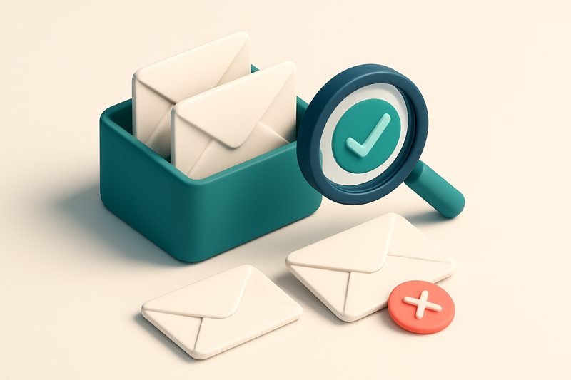 Hero: An isometric scene with an email inbox where envelopes are being scanned by a verifier tool, detecting valid and i