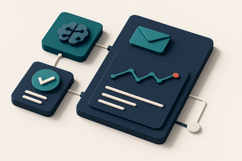 Hero: an isometric dashboard scene with various interconnected modules representing AI, SMTP settings, and verification
