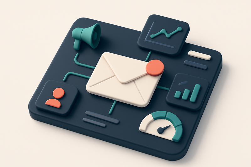 Hero: An isometric scene showing a digital dashboard with an email icon in the center connected to various outreach tool