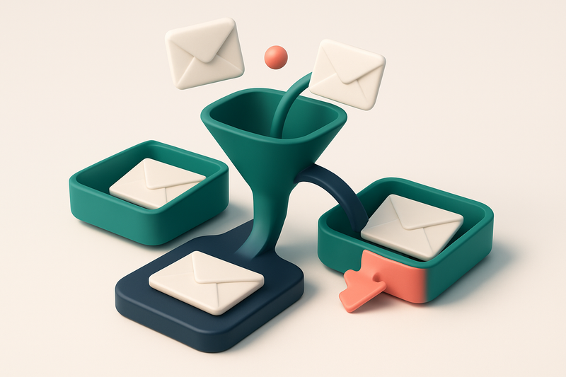 Hero: an isometric email inbox with envelopes being sorted onto a green 'valid' tray and a red 'invalid' tray, a funnel
