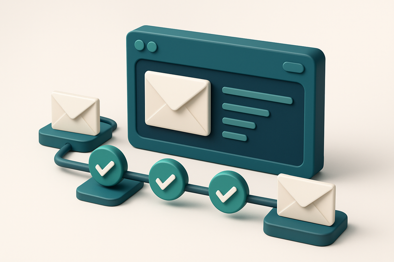 Hero: an isometric email verification dashboard with envelopes being processed through a series of validating steps repr