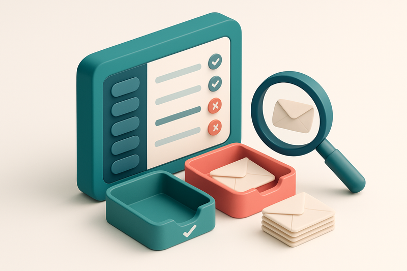 Hero: Isometric view of a digital dashboard with an email inbox, green and red trays for sorting validated and invalid e