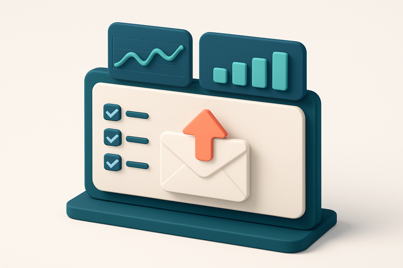 Hero: an isometric illustration of a digital marketing dashboard with graphs, a checklist, and an email icon in the cent
