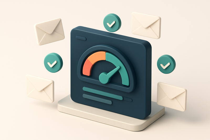 Hero: An isometric illustration of an email validation dashboard with a gauge showing high accuracy, surrounded by float