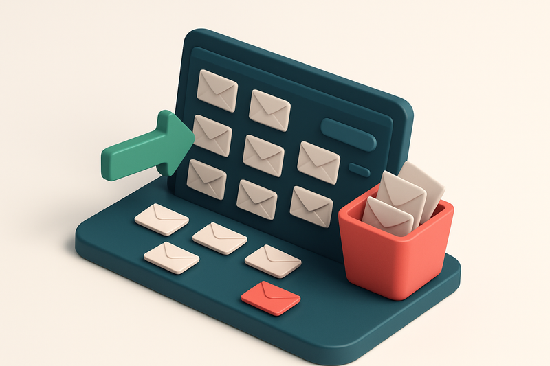 Hero: an isometric email verification dashboard with numerous envelopes being scanned and sorted by a green 'valid' arro