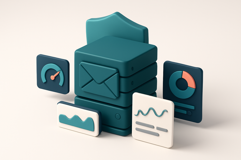 Hero: an isometric email delivery server with various dashboards and analytics gauges, a solid shield in the background
