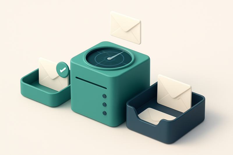 Hero: an isometric illustration of an email server with a radar-like scanner checking emails for validity, surrounded by