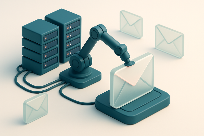 Hero: an isometric server room with servers connected by cables to large, transparent email envelopes being scanned and