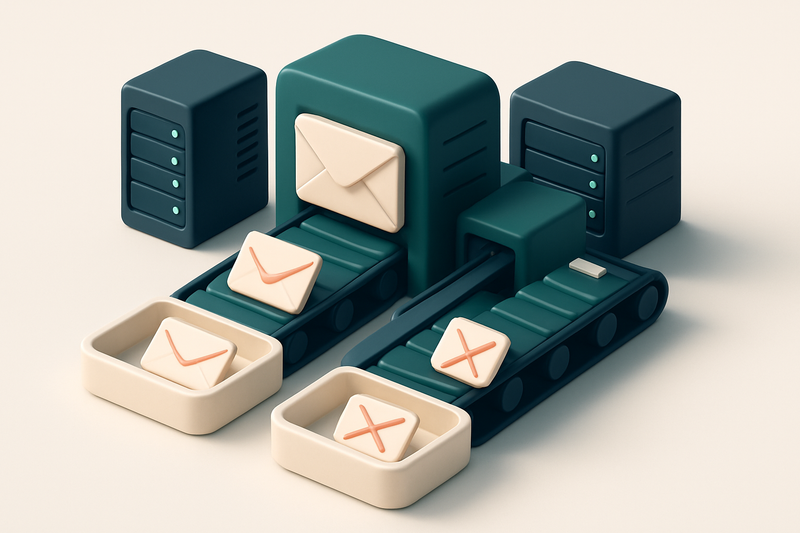 Hero: an isometric email server room with servers processing and sorting emails into 'valid' and 'invalid' trays on conv