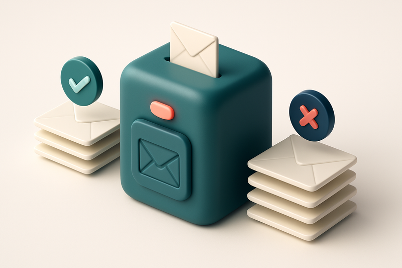 Hero: an isometric mail server with envelopes being validated and sorted into valid and invalid stacks on either side, s