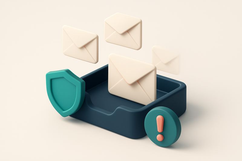 Hero: an isometric illustration of a digital inbox with spam filtering symbols like a shield and exclamation mark, email