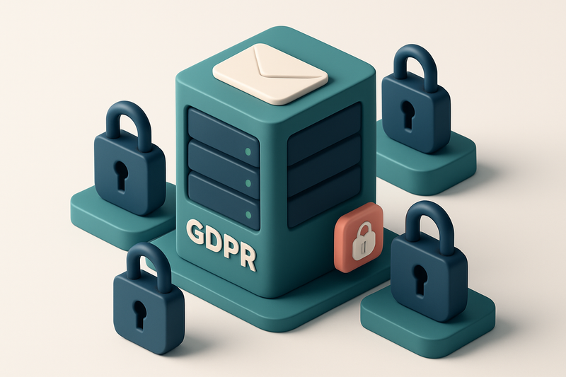 Hero: An isometric data center with email servers labeled GDPR, surrounded by lock symbols, representing secured email c