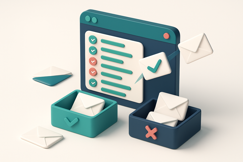 Hero: an isometric scene of a digital dashboard displaying a large email list under analysis with icons of envelopes bei