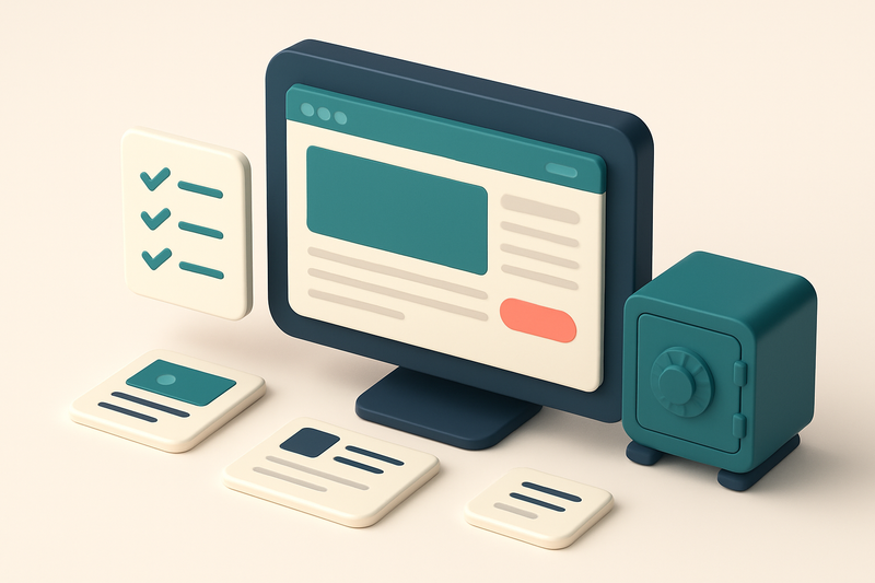 Hero: an isometric view of a website homepage on a large monitor with a checklist and a digital safe representing securi