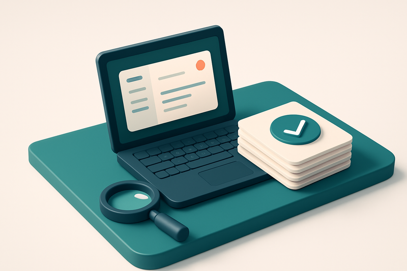 Hero: an isometric office desk with a laptop showing an email interface, stacks of paper marked with a green checkmark,