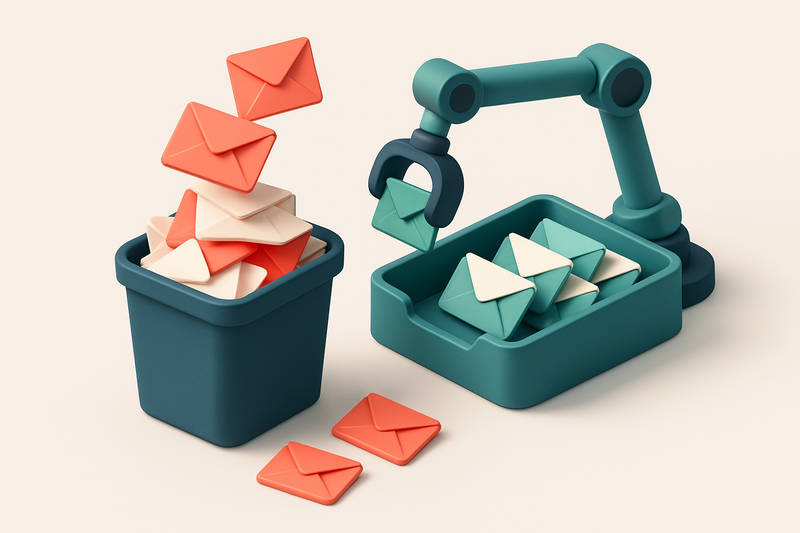 Hero: an isometric illustration of an overflowing inbox with red envelopes falling into a trash can and green envelopes