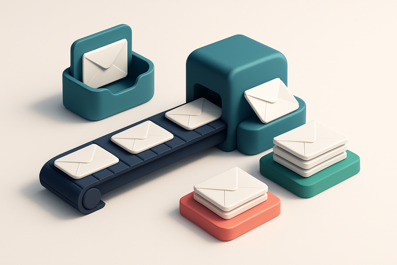 Hero: a 3D isometric email inbox with envelopes being sorted into a green 'valid' stack and a red 'invalid' stack by a c
