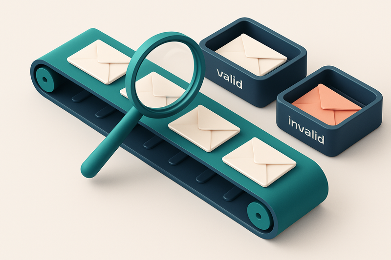 Hero: An isometric diagram showing email envelopes flowing through a conveyor belt being scanned by a magnifying glass a