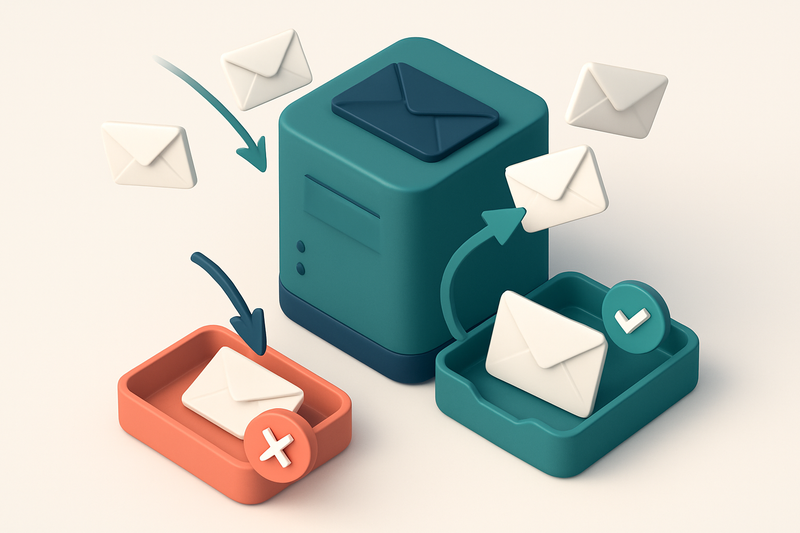 Hero: A 3D isometric illustration of an email server with arrows indicating successful and failed connections, envelopes