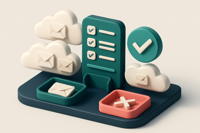 Hero: an isometric illustration of a dashboard with clouds of email envelopes being filtered through compliance checklis