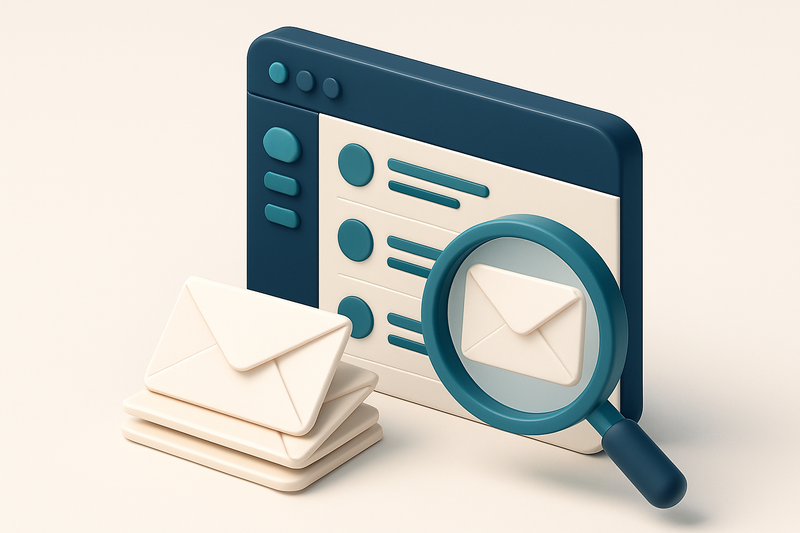 Hero: A 3D isometric illustration of a dashboard displaying an email inbox, with an overlay of magnifying glass examinin