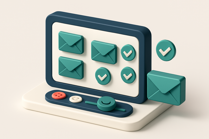 Hero: an isometric view of a digital dashboard with various email icons, green checkmarks, and a slider showing user sat