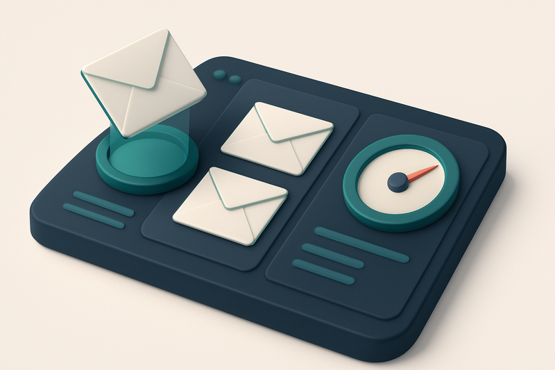 Hero: an isometric illustration of a digital dashboard with multiple open envelopes being scanned, a high-accuracy gauge