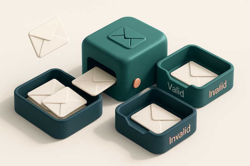 Hero: an isometric email inbox with envelopes being filtered into 'valid' and 'invalid' trays, a digital scanner sorting