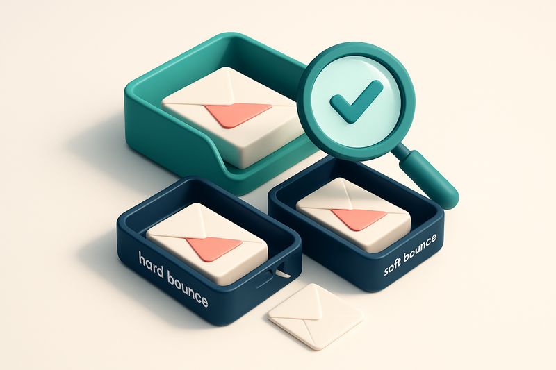 Hero: An isometric inbox with envelopes being sorted into 'hard bounce' and 'soft bounce' trays, with a magnifying glass