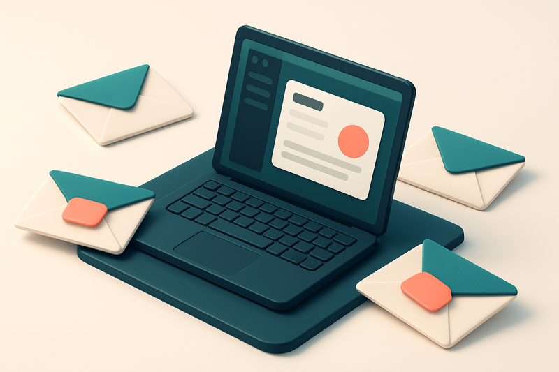 Hero: an isometric desk with a laptop open to an email dashboard, surrounded by envelopes marked with CTAs like 'Act Now