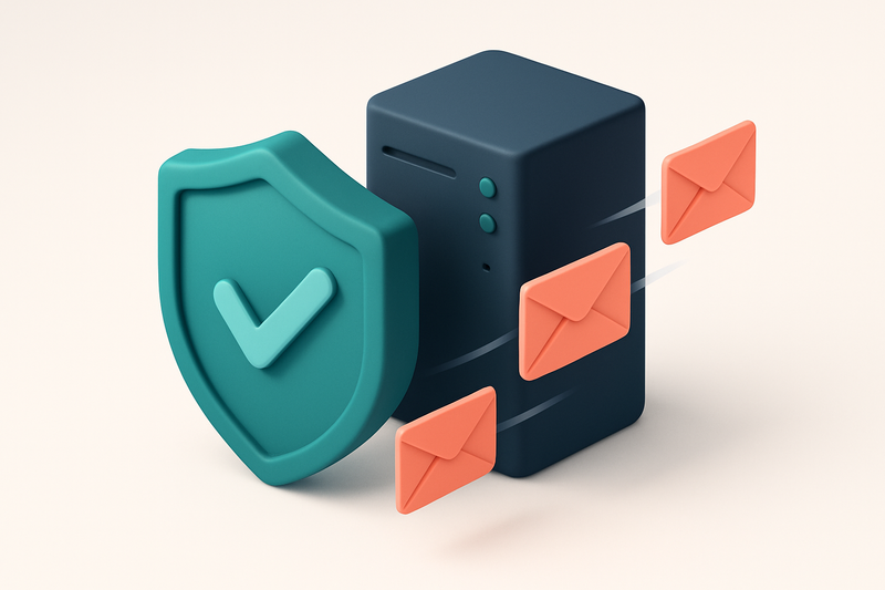 Hero: a 3D isometric shield representing compliance protecting a server sending email envelopes; approved emails flowing