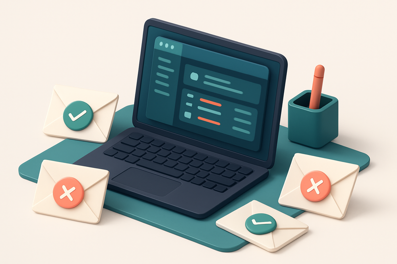 Hero: An isometric office desk scene with a laptop displaying an email dashboard, surrounded by envelopes with green che