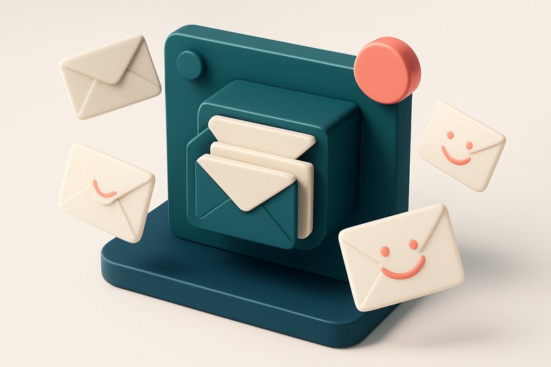 Hero: an isometric email inbox with envelopes being sent out, some with smiley faces, indicating playful out of office m