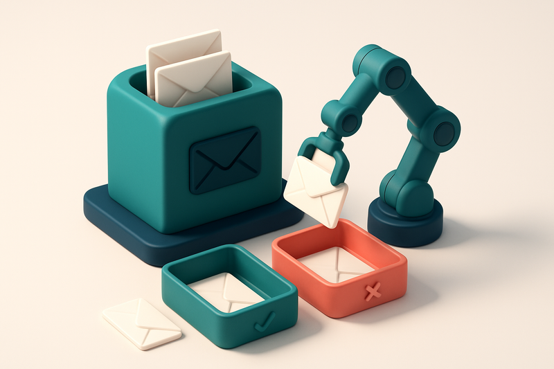 Hero: an isometric email inbox with envelopes being sorted into green 'valid' and red 'invalid' trays by a robotic arm.