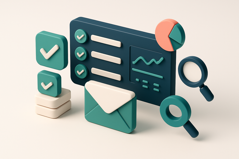 Hero: an isometric dashboard with verification metrics, checkmarks, and analysis icons arranged around a central email i