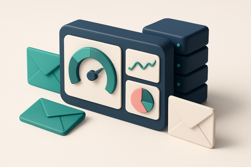 Hero: An isometric scene of a dashboard with gauges measuring email performance, envelopes, and servers around it.