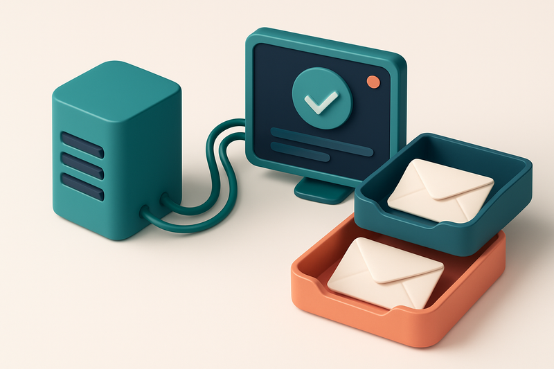 Hero: an isometric email server room with data cables connecting to a verification dashboard, trays labeled 'valid' and