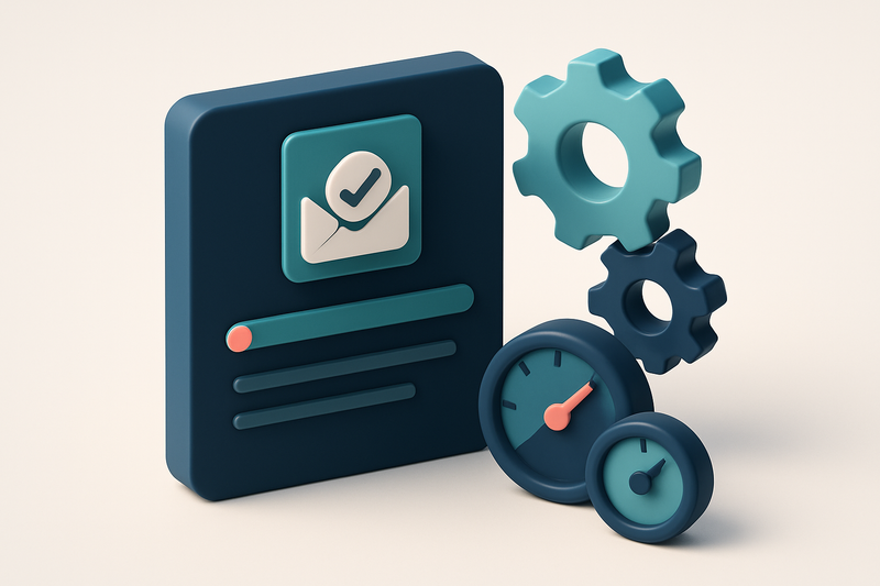 Hero: an isometric illustration of an email verification dashboard with gears and gauges indicating processing status